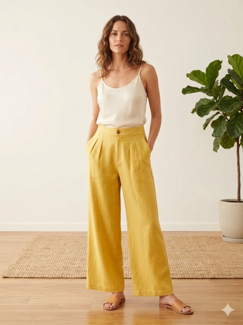 NWT Me by Jennie Garth Yellow Mustard Linen Blend Wide Leg Pleated Pants Size 8P